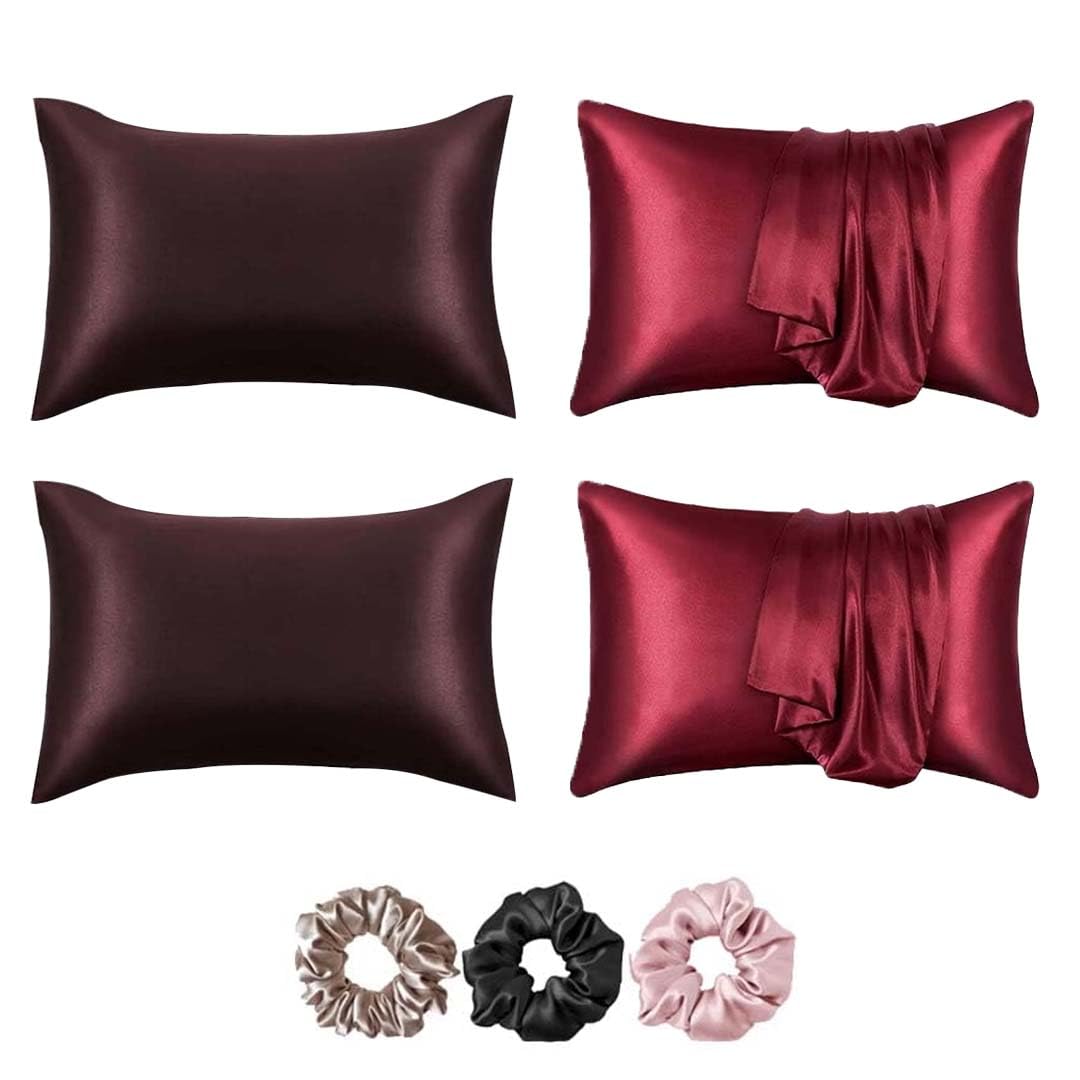 Filloxy Silk Pillowcase for Women, Mulberry Silk Pillowcase for Hair and Skin and Stay Comfortable and Breathable During Sleep Silk Pillow Cases, 70 cm x 45 cm, Set of 4 with 3 Scrunchies (Wine + Red)