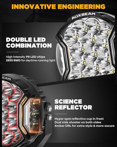 Image of Auxbeam V-Ultra Series 7 inch Round LED Off-Road Lights with Amber DRL 2-Pack | 3 Lighting Modes, 270 Side Shooter, Far & Wide Vision, 226W 26800LM, Light Covers, Driving Spotlight, for Jeep Ram Bronco