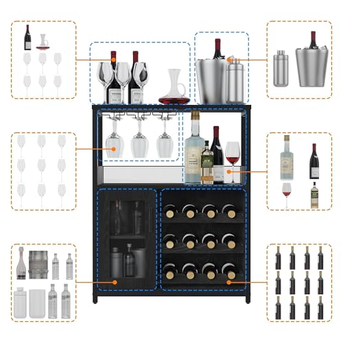 Image of IDEALHOUSE 3-Tier Wine Bar Cabinet with Detachable Wine Rack and Storage Space, Buffet Cabinet with Glass Holder and Mesh Door, for Kitchen, Living Room and Bar (Black)