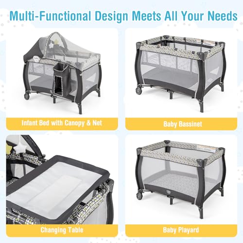 Image of BABY JOY 4 in 1 Pack and Play, Portable Baby Playard with Bassinet, Adjustable Canopy, Changing Table, Lockable Wheels, Glowing Music Box, Travel Baby Crib Bassinet Bed from Newborn to Toddler Grey