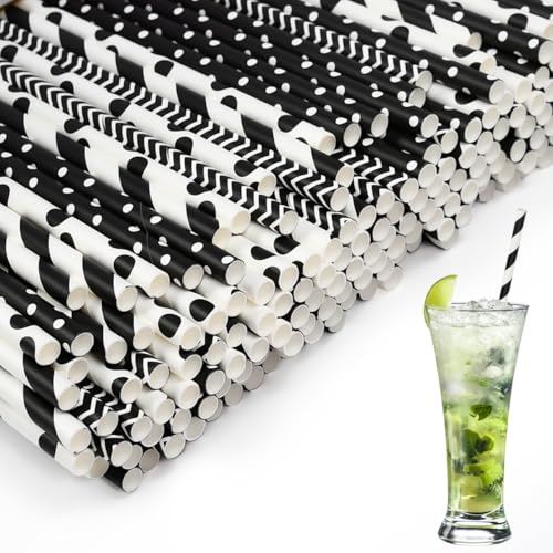 SLTAXAR 500 Pajitas de Papel Negras para Fiestas Ø 6mm x 19.7cm, Pajitas de Papel Biodegradables para Cumpleaños, Eventos y Bares, PajitasDesechables para Batidos, Zumos, Cócteles y Bebidas Frías