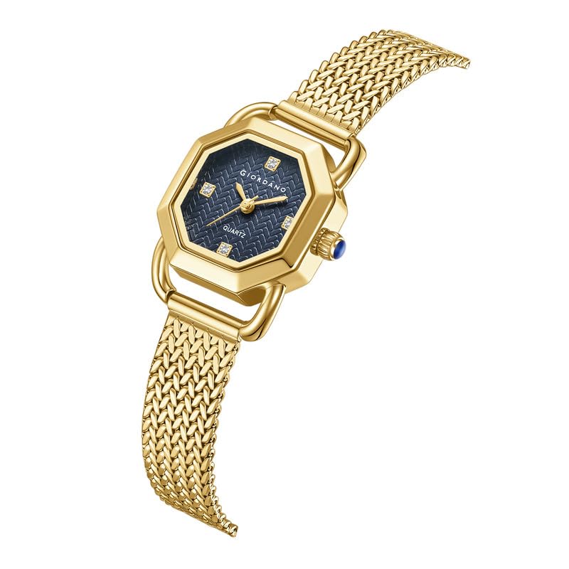 Image of Giordano Analog Quartz Watch for Women with Octagonal Textured Dial, Crystal Hours Markers, Blue Crown and Mesh Metal Strap