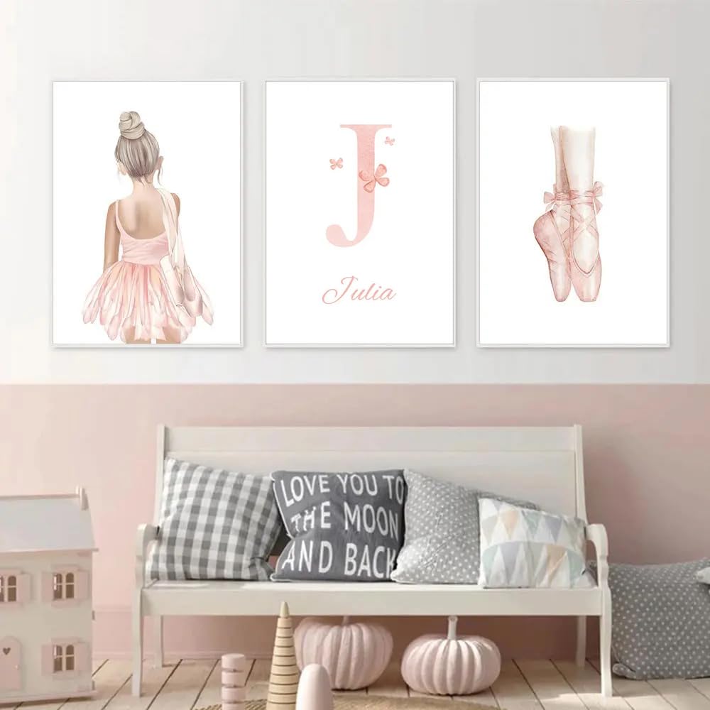 Youihom 3 Quadretti Personalizzati Bimba Quadro Camera Bimba Nome Rose 30x40 Stampe per Cameretta Neonato Ballerine Poster da Parete per Bambini Quadri Tela senza Cornice