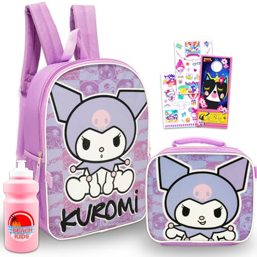 Kuromi Backpack and Lunch Bag Set - Bundle with 16 Sanrio School Backpack Lunch Box Water Bottle Tattoos More | Kuromi School Bag for Girls Kids
