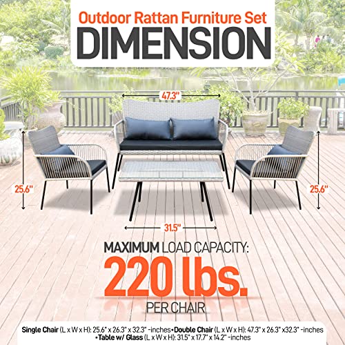 SereneLife 4 Piece Conversation/Chat Set, Outdoor Living Rattan Furniture, Includes 1 Double & 2 Single Chairs with Cushion & 1 Glass-top Coffee Table (Light Grey)