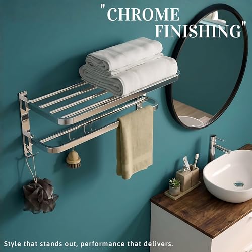 Image of Gloxy Premium Towel Rack in Bathroom Combo Pack of 3-24 Inch Stainless Steel Chrome Finish Bathroom Hangers for Clothes Towel Holder in Bathroom with Extra Hooks - Bathroom Fittings Accessories Set