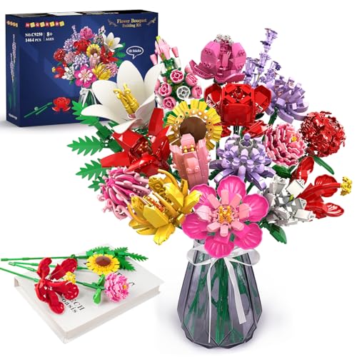 HOGOKIDS Flower Bouquet Set for Adults - 1461PCS Artificial Flowers Botanical Collection | 18 Sticks Ideas Decorative Home Plant Bouquet | Creative DIY Building Block Gift for Teens Girls Ages 8+