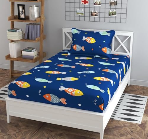 Image of RD FABS Glace Cotton Wrinkle Free Soft Hypoallergenic Bed Sheet | Cartoon Printed | Single Bedsheet Bedsheet for Kids Room Boys Girls with 1 Pillow Cover (60x90 Inches /Blue /Fish), 144 TC
