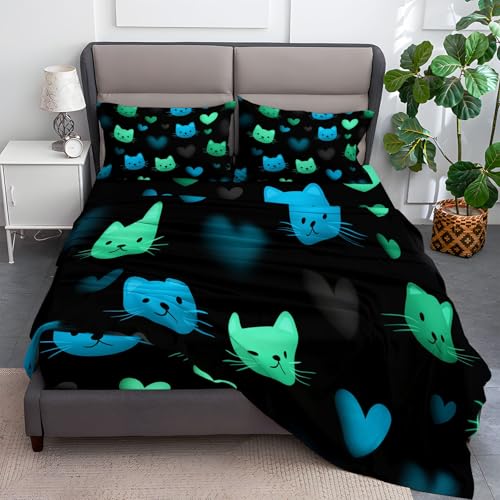 Sábana Bajera Ajustable 90 x 190 cm Patrón De Gato Simple, Microfibra hipoalergénica Transpirable con Estampado Sábana Bajera Ajustable para Colchón de 30cm de Altura, Negro