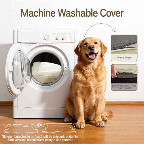 Image of Comfort Expression Washable Orthopedic Dog Bed for Extra Large Sized Dogs | Waterproof Memory Foam Pet Bed 48x33 Inch with Removable Cover with Non-Slip & Bolster, Beige