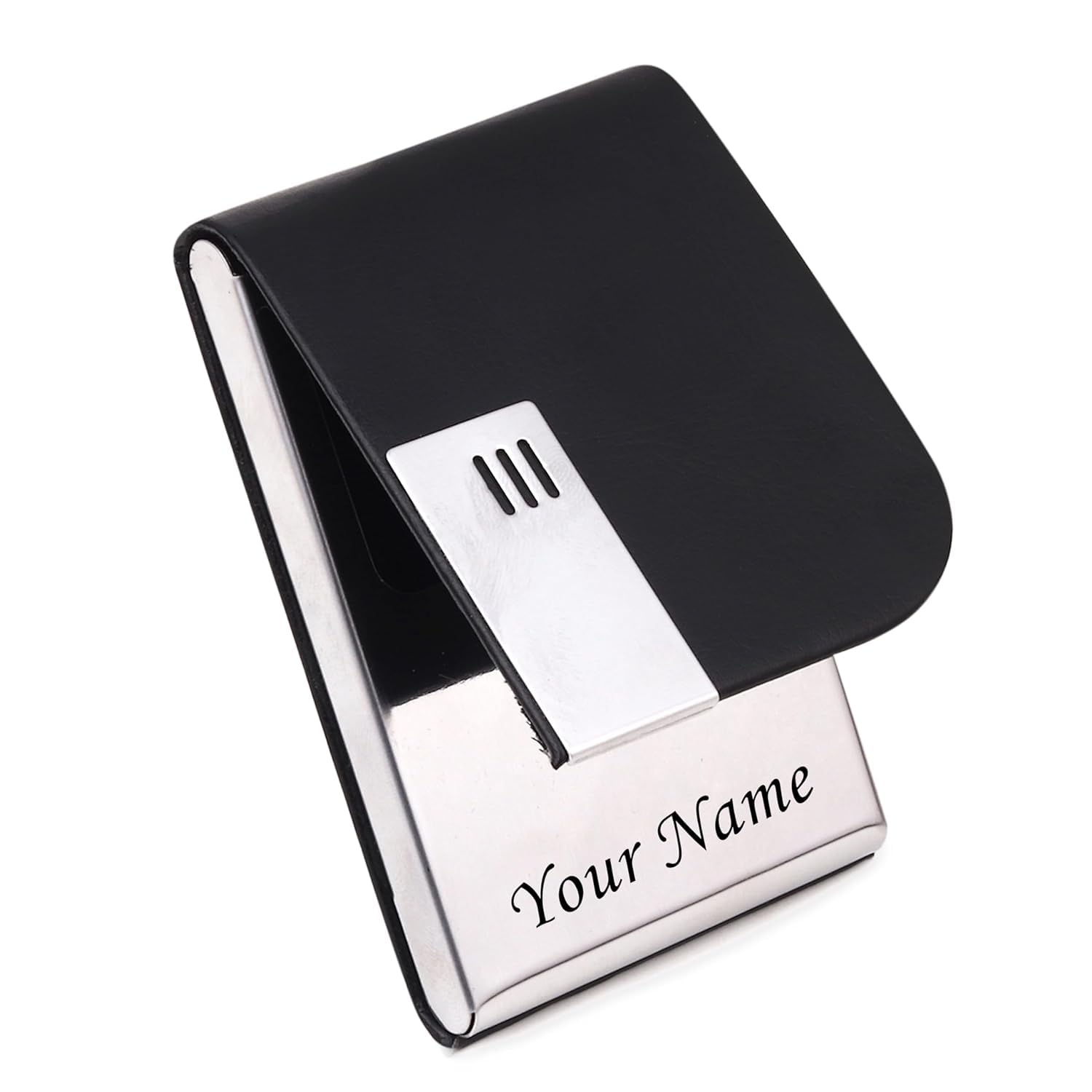 Customized/Personalized Card Holder with Name Engraved, PU Leather Professional Business Visiting Card Holder/Credit Card Holders Men, Women Day Gift, Corporate Gift for Employees (Black)