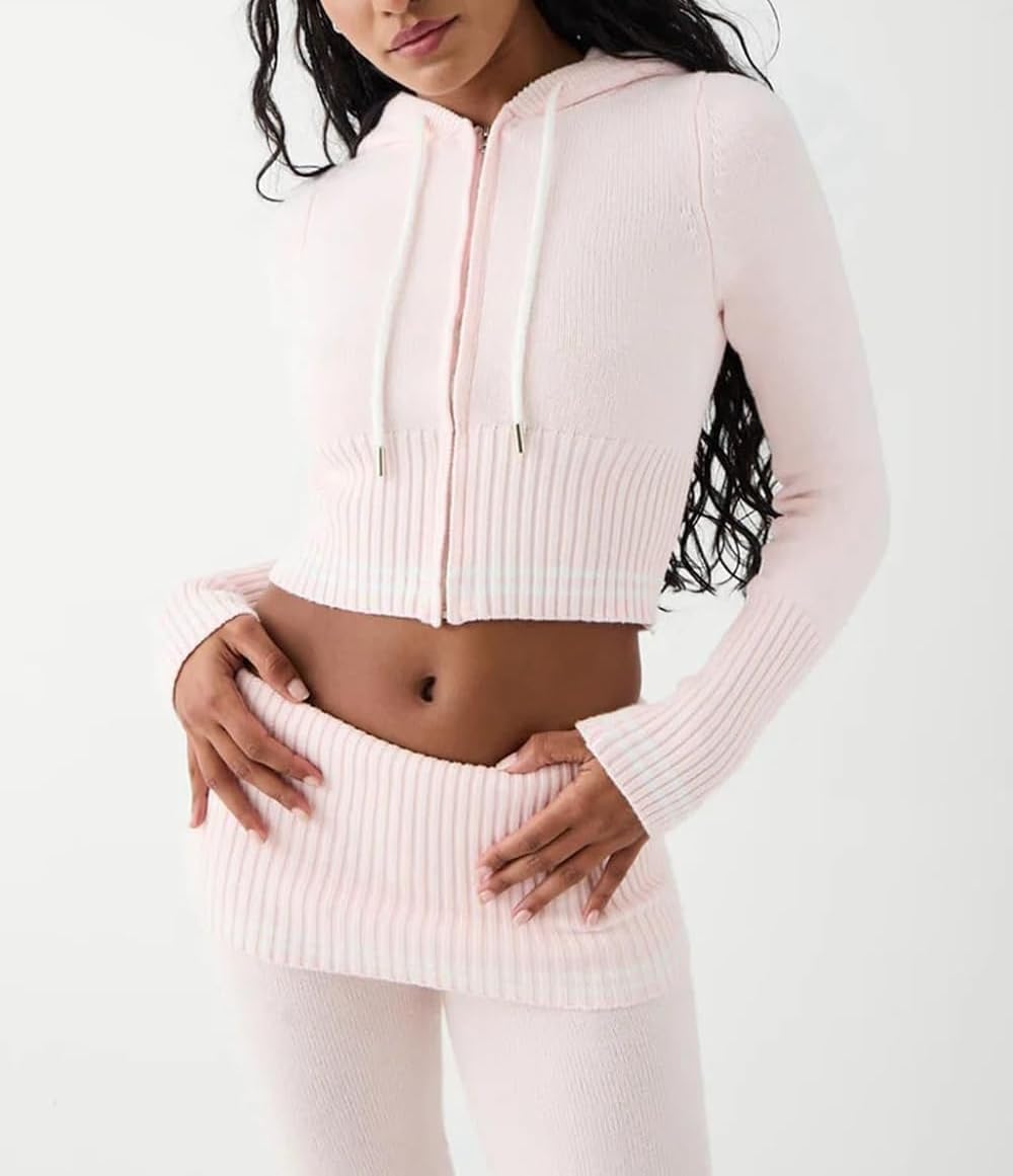 Pantaloni da donna con cappuccio elasticizzati a maniche lunghe con zip e pantaloni da salotto - Moda casual Y2k Slim Crop Top a vita alta Pantaloni skinny Abiti maglione, rosa, M
