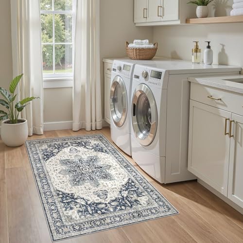 Tortania Area Rug Living Room Rugs - 3x5 Washable Rug Vintage Oriental Distressed Farmhouse Small Thin Indoor Carpet for Living Room Bedroom Under Dining Table Home Office - Indigo