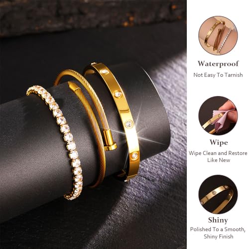 JUNVirtuous 3-Pack Gold Bracelets for Women,18K Gold Plated Bangle Tennis Bracelets Stack Set for Women Trendy Non Tarnish Stainless Steel Gold Bangles Accessories Designer Jewelry Pulseras Para Mujer4