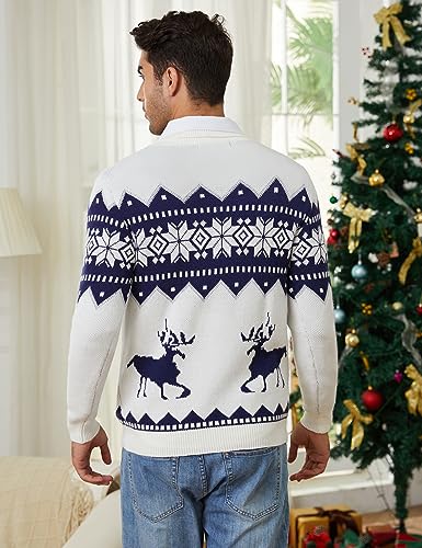 TURETRENDY Mens Ugly Christmas Sweaters Snowflakes Holiday Reindeer Printed Shawl Collar Knitted Long Sleeve Pullover Jumpers4