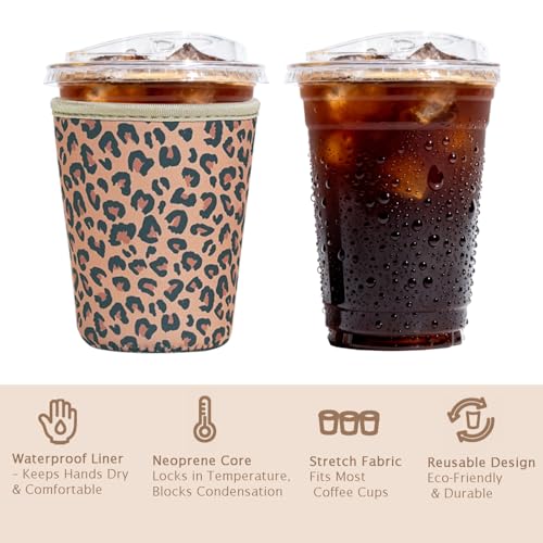 Image of Reusable Insulated Sleeve for Iced Coffee Cup, Coffee Neoprene Sleeve for Cold & Hot Drinks, Beverage Holder for Iced Coffee (Brown Leopard, Small: 16-18oz)