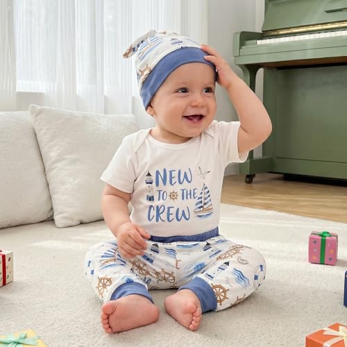 Image of SAYOO Newborn Baby Boy Clothes New To The Crew Embroidered Romper Waffle Solid Pants with Hat Coming Home Hospital Outfits