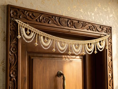 Luxury Pearl Beaded Door Toran with Golden Bells | 3 Ft Tradition...