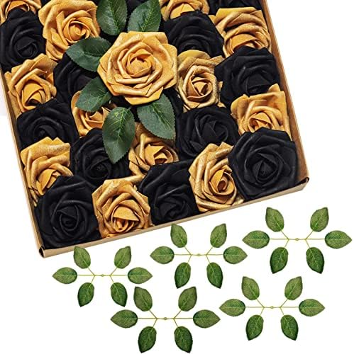 cosybeau Gold Roses Black Roses Artificial Flowers Wedding Gold Roses Artificial Flowers Decorations, Gift for Her and Him Gold Flowers for Party