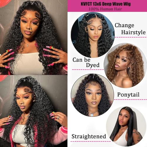 Image of KVFCT 36 Inch Deep Wave Lace Front Wigs Human Hair 13x6 HD Transparent Deep Wave Frontal Wigs Human Hair Pre Plucked Deep Curly Human Hair Wigs Glueless Curly Lace Front Wig Natural Hairline