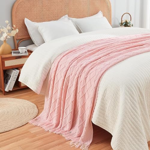 inhand Knitted Gift Throw Blankets for Couch and Bed,Valentines Day Decor Blanket for Her Him Girlfriend Wife, Pink Romatic Lightweight Decorative with Tassel, Farmhouse Warm Woven for Women, 50"x60"