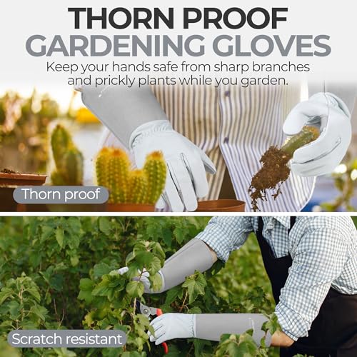 Image of HANDLANDY Rose Pruning Gloves for Men Women, Thorn Proof Gardening Gloves | Long Leather Gardening Gloves, Breathable Leather Gauntlet, Best Garden Gifts & Tools for Gardener (Silver Gray, M)
