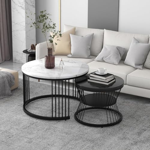 Image of NEST NATURE HAVEN Round Coffee Table, Modern Nestings Table Set of 2, Sofa Side Table with Marble Veneer Top and Metal Frame, End Table for Living Room Bedroom Home or Office (Black White)