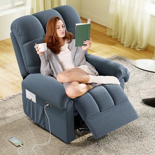 Adjustable Power Recliner Chair, Soft Teddy Electric Recliner Chair, Power Recliners with USB Port, Eco-Certified Small Recliners for Small Spaces Sofa Reclinable, Indigo