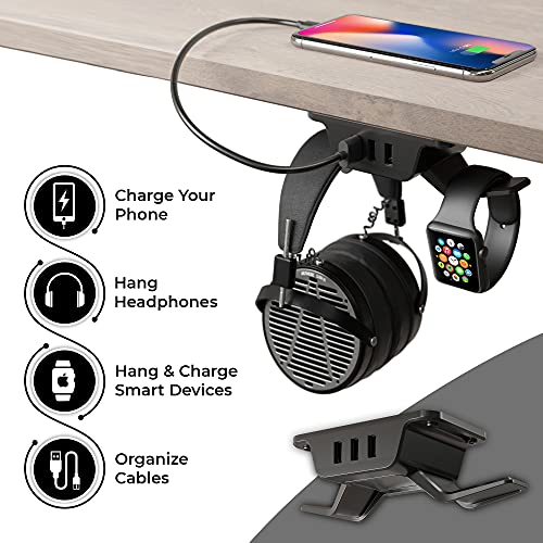 HumanCentric Hook and Charge Headphone Hanger with USB Charger, Under Desk Headphone Mount + Headphone Stand, Charge Accessories with 3 USB A Ports, Hook Headphones on Headset Holder Desk Hook, Black - Thumbnail 2