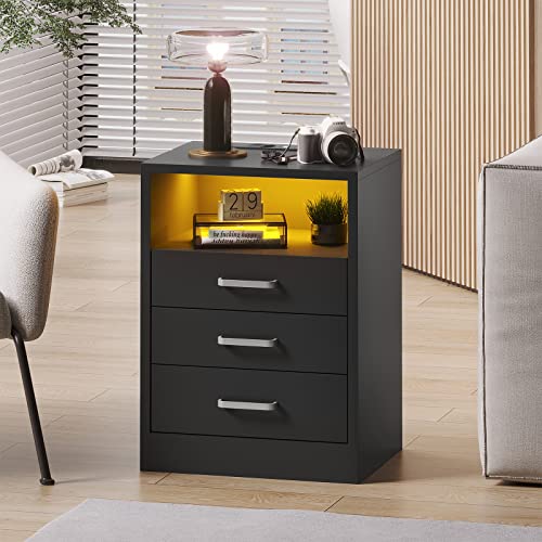 Adorneve Nightstand With Wireless Charging Station And Led Lights,Night Stand For Bedroom,Bedside Table With Drawers,Modern End Side Table,Black #TOP4