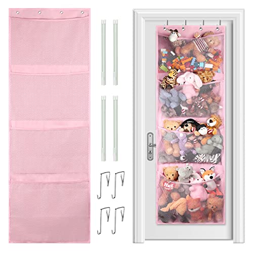 Uuglam Stuffed Animal Storage Holder With 4 Large Pockets，Over The Door Hanging Organizer Storage, Idea For Closet, Plush Toy,Nursery, Bedroom, Bathroom, Kids Room (Pink) #TOP17