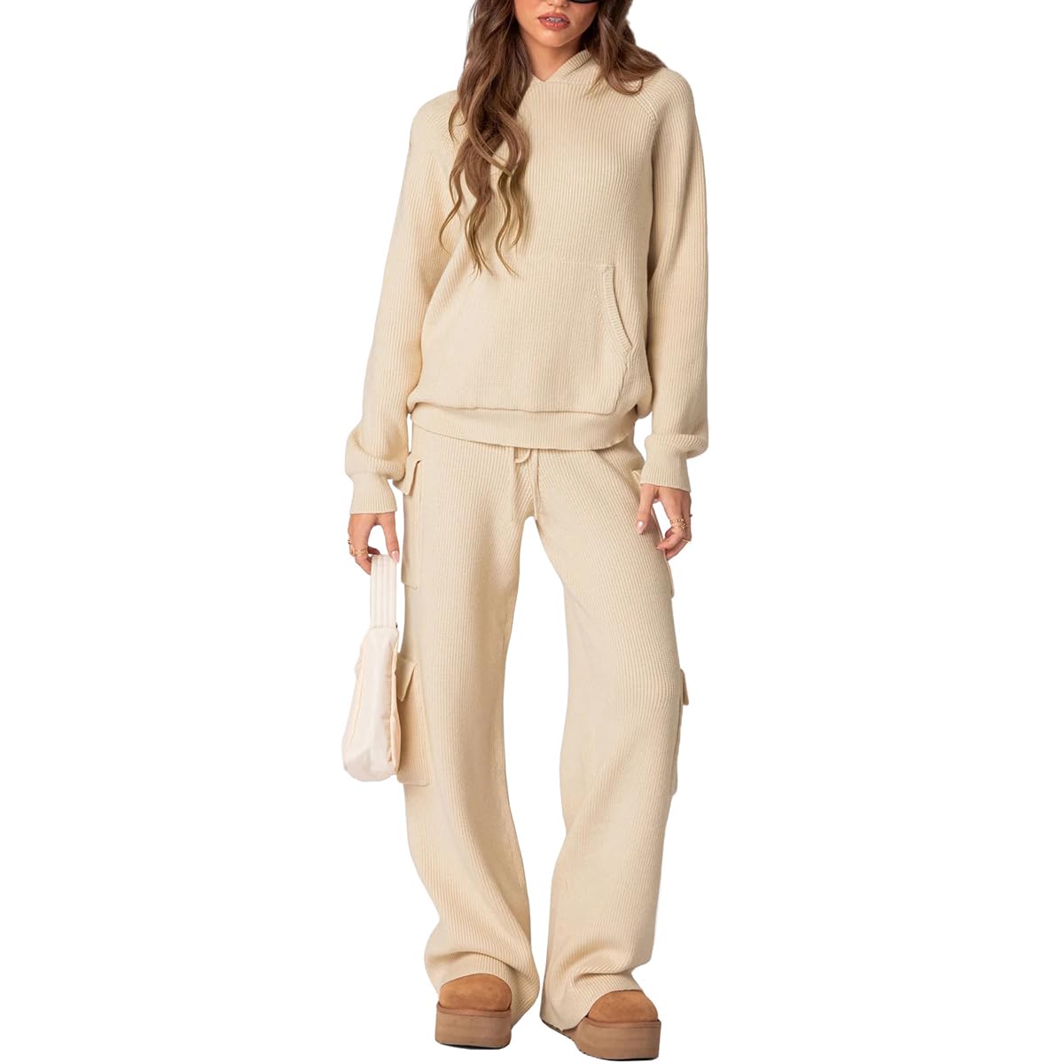 LANGWEI Conjunto Deportivo Para Mujer Ropa De Calle De Punto Cálido Conjunto De 2 Piezas Suéter Con Capucha Pantalón De Pierna Ancha Con Bolsillos