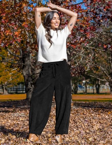 TARSE Women’s Corduroy Pants Baggy Wide Leg Pants Casual Elastic Waisted Palazzo Harem Pants with Pockets3