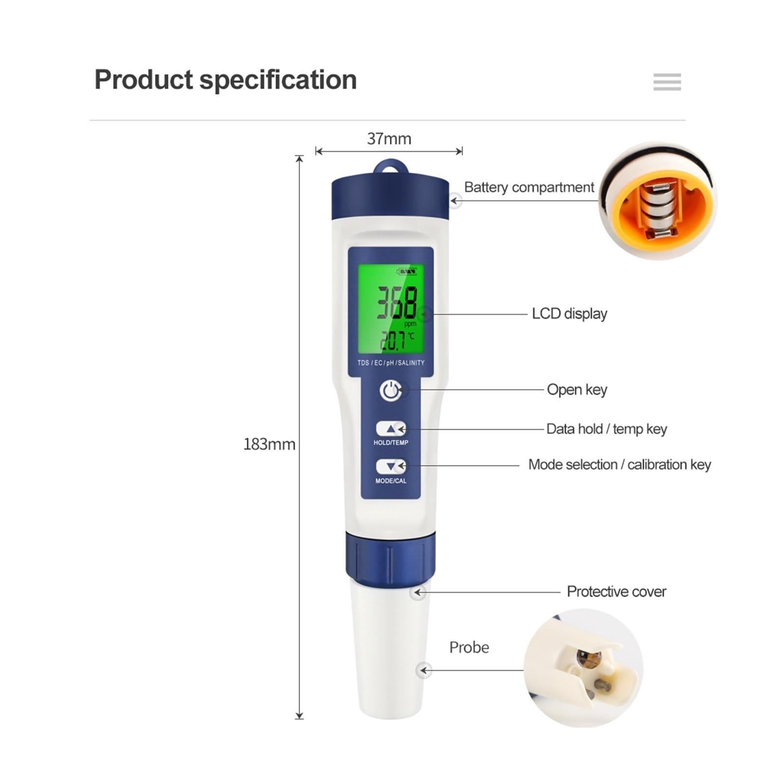 Medidor de pH Digital, Medidor Digital 5 en 1 de pH, TDS, EC, salinidad, Temperatura, conductividad, Filtro Agua, pureza, bolígrafo con retroiluminación(with Backlight)