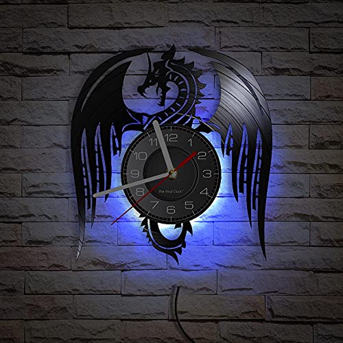 Smotly Horloge murale silencieuse en vinyle, thème de la bête mythique avec dragon volant et fonction veilleuse LED - Cadeau unique avec motif de la maison...