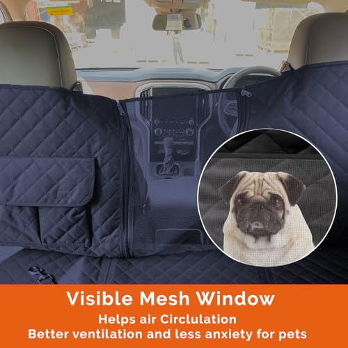 Image of Premium Dog Car Seat Cover for Back Seat - Waterproof, Scratchproof, Quilted Hammock with Mesh Window & Side Flaps - Universal Fit for SUVs & Sedans (Large, Black)