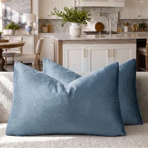 Image of GIGIZAZA Stone Blue 12x20 Velvet Decorative Lumbar Throw Pillow Covers for Sofa Bed 2 Pack Soft Cushion Cover