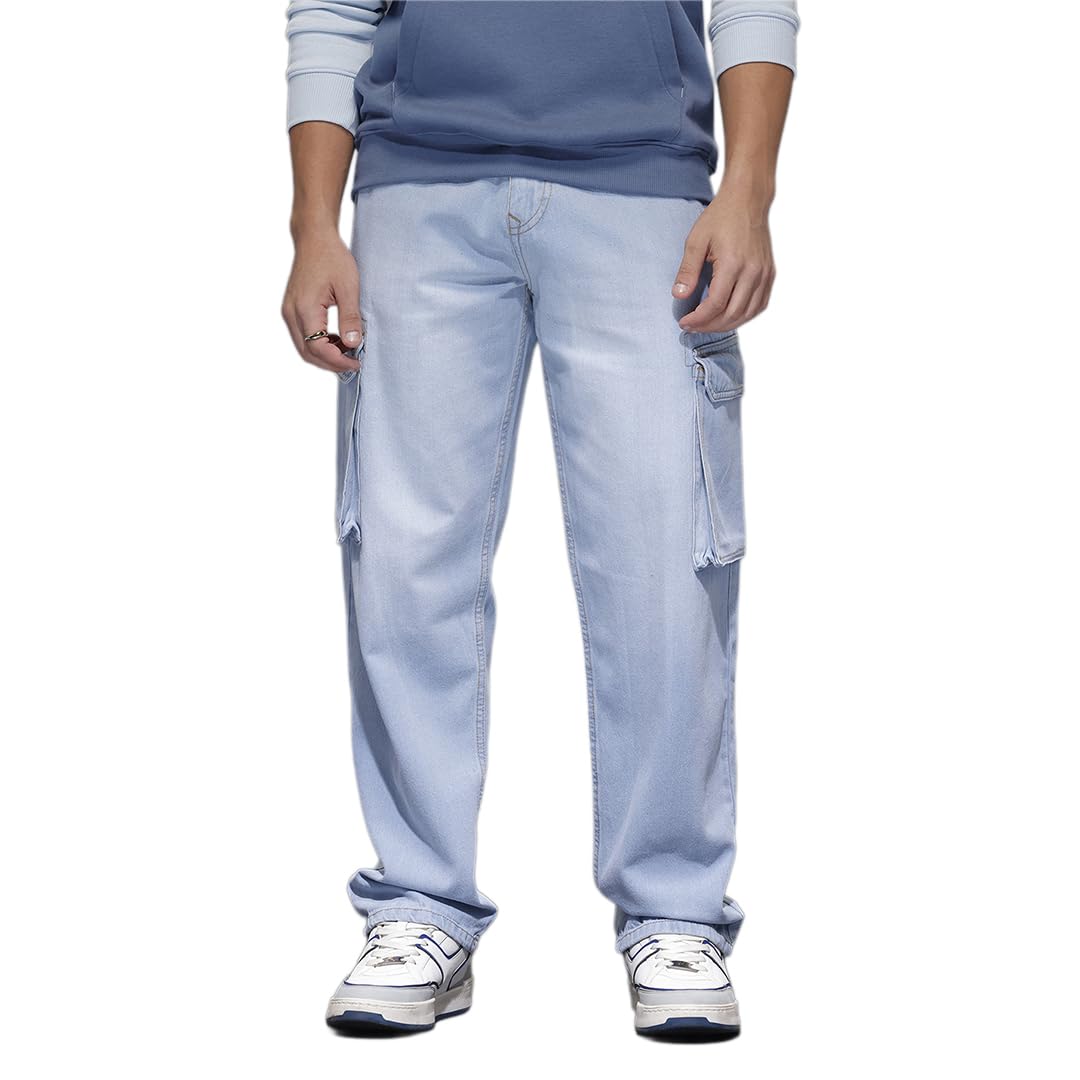 wrogn Men's Pure Cotton Cargo Jeans | Solid | Loose Fit | Blue | 32-picture-25