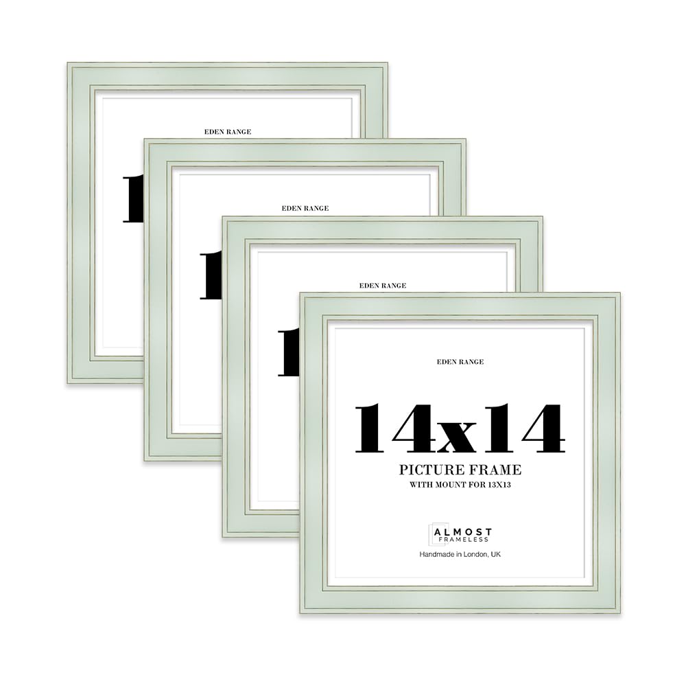 14x14" Sage Green Square Picture Frame with 13x13" Mount - Shabby Chic Photo Frame with Distressed Finish, Gold Trim, Wall Hooks, 37mm Edge - 4 Pack — image 1