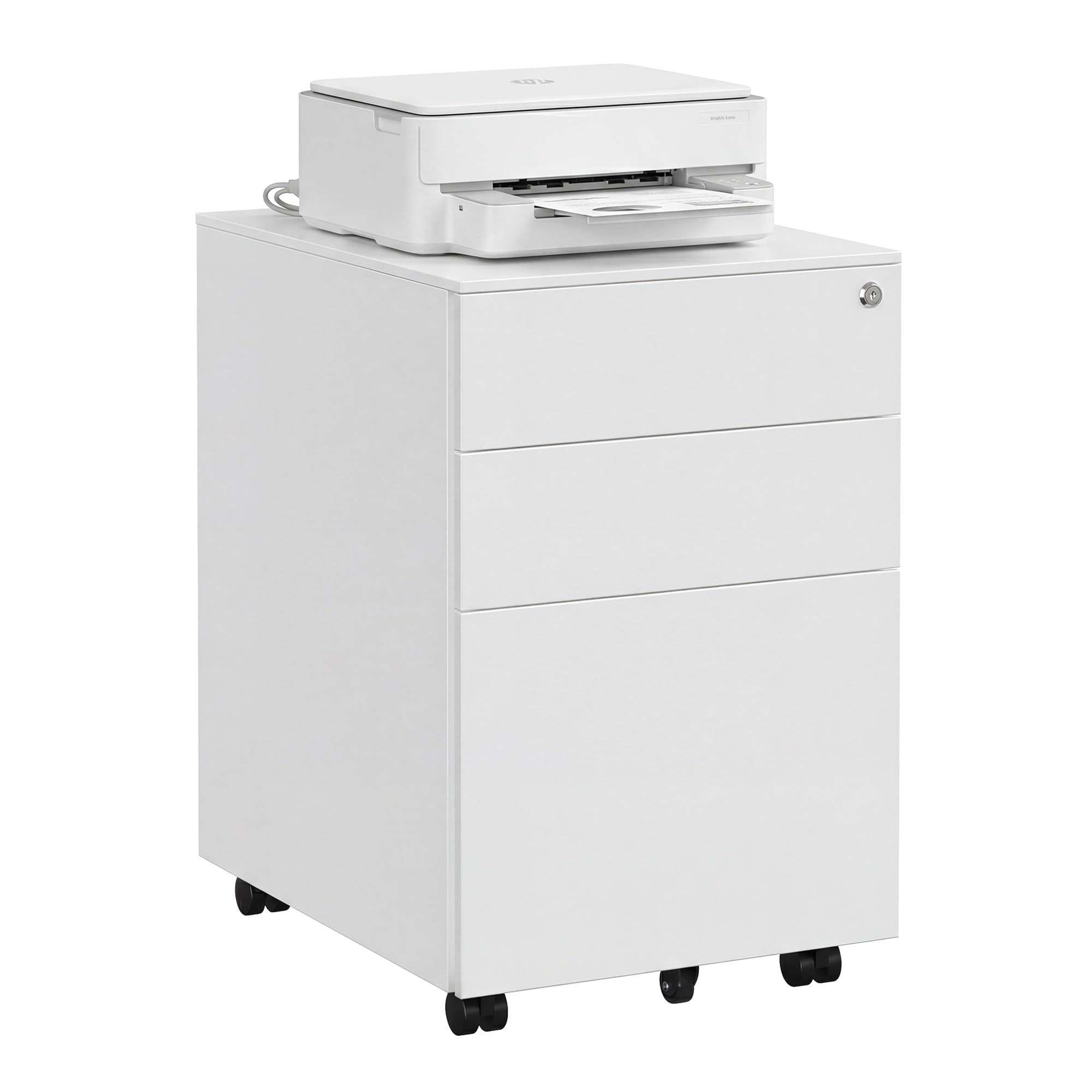SONGMICS Mobile File Cabinet with 3 Drawers Lockable Steel Pedestal with Suspension File Hanging Rails, Fully Assembled Except Casters, White OFC60WT