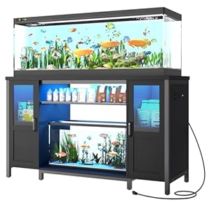 55-75 Gallon Fish Tank Stand with Power Outlet&LED Light, Heavy Duty Metal Aquarium Stand for 2 Fish Tank Accessories Storage, Suit for Turtle Tank, Reptile Terrarium, 880lbs Capacity, Black