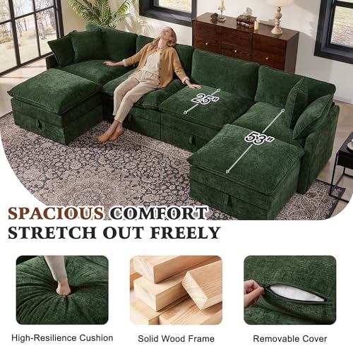 Image of Ihanherry 135 inch Modular Sectional Sofa with Storage, U Shaped Cloud Couch with Movable Ottomans & 4 Pillows, Chenille Deep Seat Sectional Couches for Living Room, Apartment (Green)