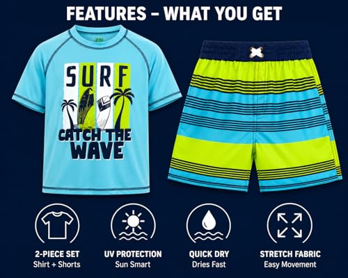Image of Quad Seven Boys 2-Piece Rash Guard Swimsuit Set Short-Sleeve (Sizes 5-12) | Lightweight Quick-Dry Fabric with Sun Protection, Matching Top & Trunks, Adjustable Drawstring Waist for Pool or Beach Days