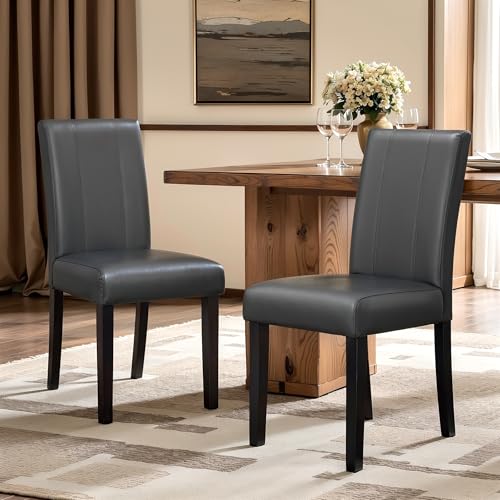 Image of CHUN YI Dining Chairs Set of 2, Faux Leather Dining Room Chairs, Upholstered Modern Kitchen Parsons Chairs for Dining Room with Sturdy Wood Legs, Grey