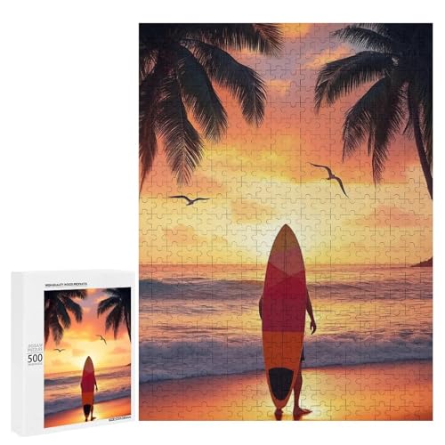 サーファーのシルエット 夕日 浜辺のヤシの木ジグソーパズル パズル レジャー 子供/大人用 減圧 誕生日プレゼント 贈り物 パズル 初心者向け ギフト 誕生日 クリスマス 500 PCS