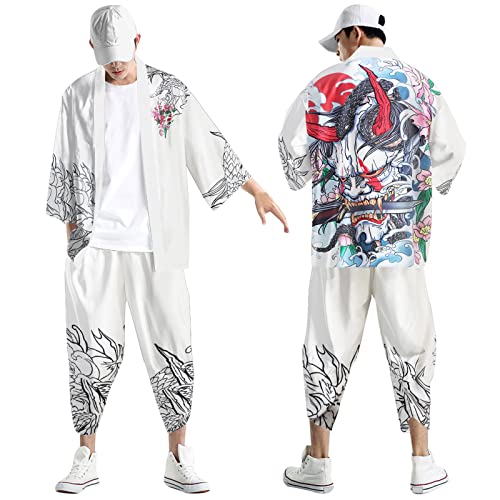 Bauzuoyo Kimono Taoísta para hombre Cardigan tradicional japonés Kimono Haori Traje de ocio Chaqueta larga Estilo Chino Capa Camisón Bata Traje Albornoz Yukata Coat, Blanco, M