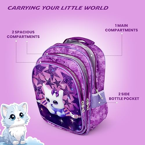 Image of Storite Kids School Bag for Girls | Lightweight Backpack with Star Pattern | Durable Zipper, Spacious Compartments, 3D Kitty Design (Purple-31x13x41 Cm)