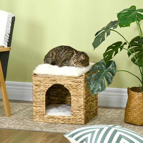 PawHut Rattan Katzenhaus, Katzenhöhle mit Kissen, Katzenbett mit 2 Ebenen, Katzenkorb, Katzenhütte für Katzen bis 5 kg, Wasserhyazinthengras, 37,5 x 37,5 x 41,5 cm, Braun