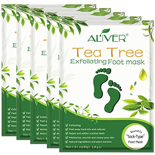 Foot Peel Mask 5 Pack, Baby foot Mask Remove Dead and Dry Skin Callus & Get Smooth Baby Feet Moisturizing Foot Mask Peel Exfoliating Foot Treatment for Men and Womenï¼ˆTea Treeï¼‰
