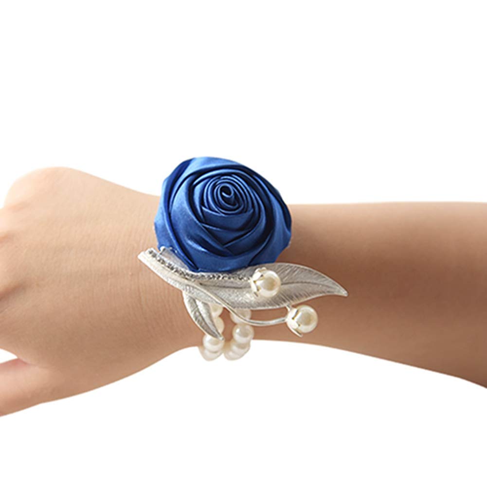 Egurs Wedding Wrist Corsage Elegant Bridal Corsage Bridesmaid Wrist Flower Corsage Pearl Bracelet for Wedding Party Prom Decorating Royal blue